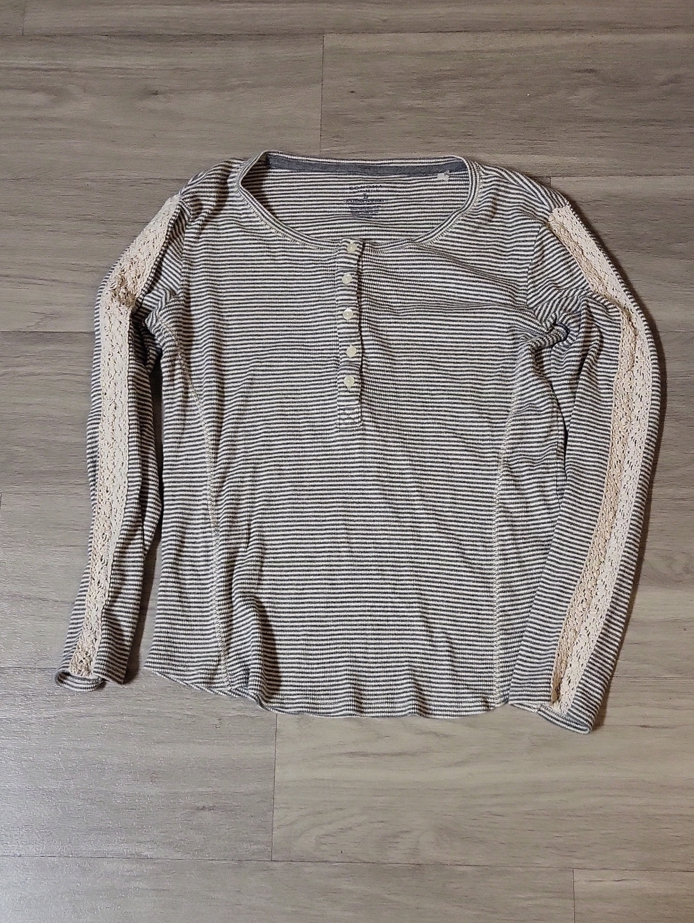 Sonoma Striped Henley with Lace-Trim Sleeves - Cream & Gray